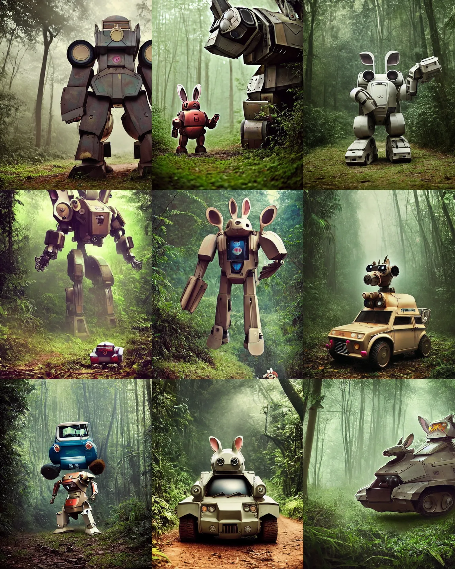 Prompt: epic chase!!!giant oversized battle rabbit robot chubby fat mech with big ears as battle mecha rabbit robot weapon fiat 126p , in jungle forest !!! , full body , Cinematic focus, Polaroid photo, vintage , neutral dull colors, foggy mist ,by oleg oprisco , by victor enrich , by gregory crewdson , by discovery channel