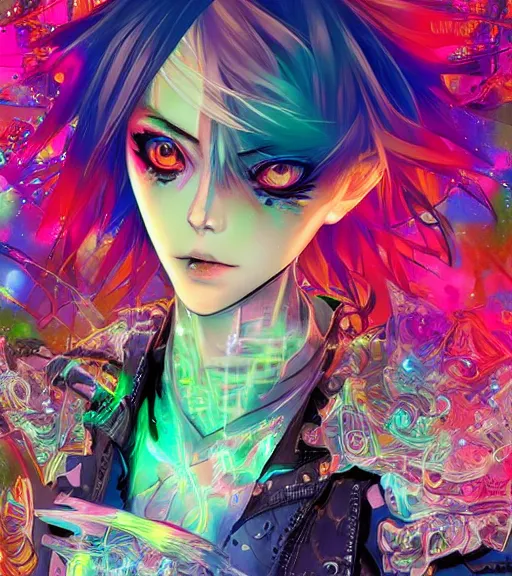 Prompt: very beautiful portrait painting of a glitchpunk magical girl in a blend of manga - style art, augmented with vibrant composition and color, all filtered through a cybernetic lens, by hiroyuki mitsume - takahashi, perfect face, closeup, artstation, intricate, highly detailed, 8 k