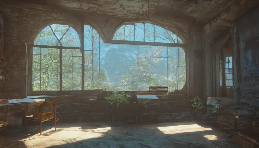 Image similar to Interior! in Unreal Engine 5 with Fantastic Landscape outside, High Quality Rendering, Octane, Redshift, Raytraced, 4k