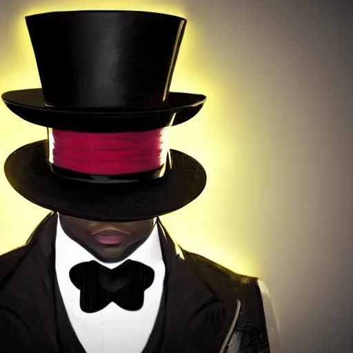 Image similar to a highly detailed portrait of a man in a high top hat covering his face, in a black tailcoat with a yellow waistcoat under the tailcoat, artstation, deviantart, professional, unreal engine 5, photorealistic