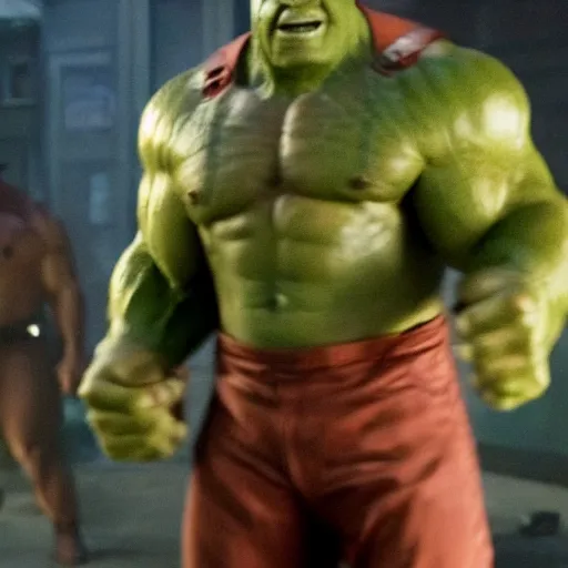 Image similar to a screenshot of Danny Devito playing The Hulk in Avengers: Infinity War