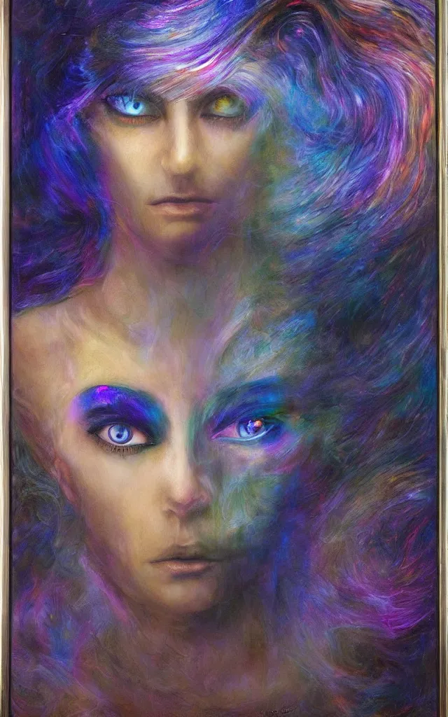 Image similar to iridescent spirit of desire and fear cruel beautiful spirit (androgynous) with golden eyes lunar mythos ambient fog, award winning oil painting, lunar color palette