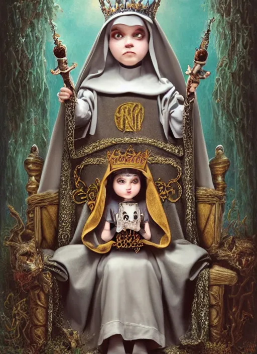 Prompt: highly detailed closeup portrait of a goth fairytale nun princess wearing a crown and sitting on a throne, surrounded by medieval goblins, unreal engine, nicoletta ceccoli, mark ryden, earl norem, lostfish, global illumination, god rays, detailed and intricate environment