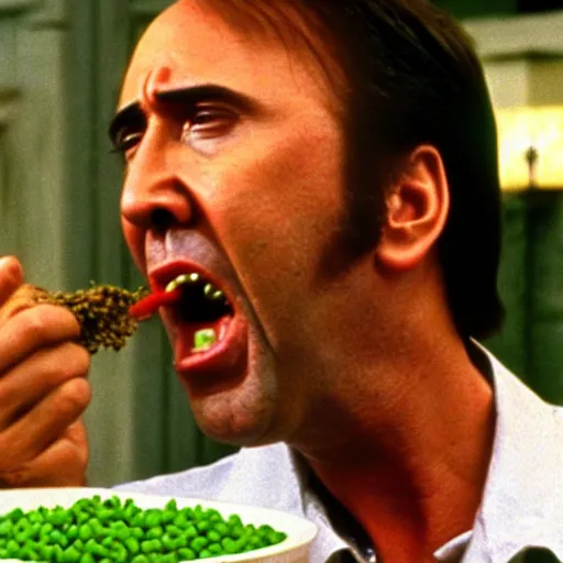 Image similar to nicolas cage screaming with a mouth full of peas, movie still, the wicker man