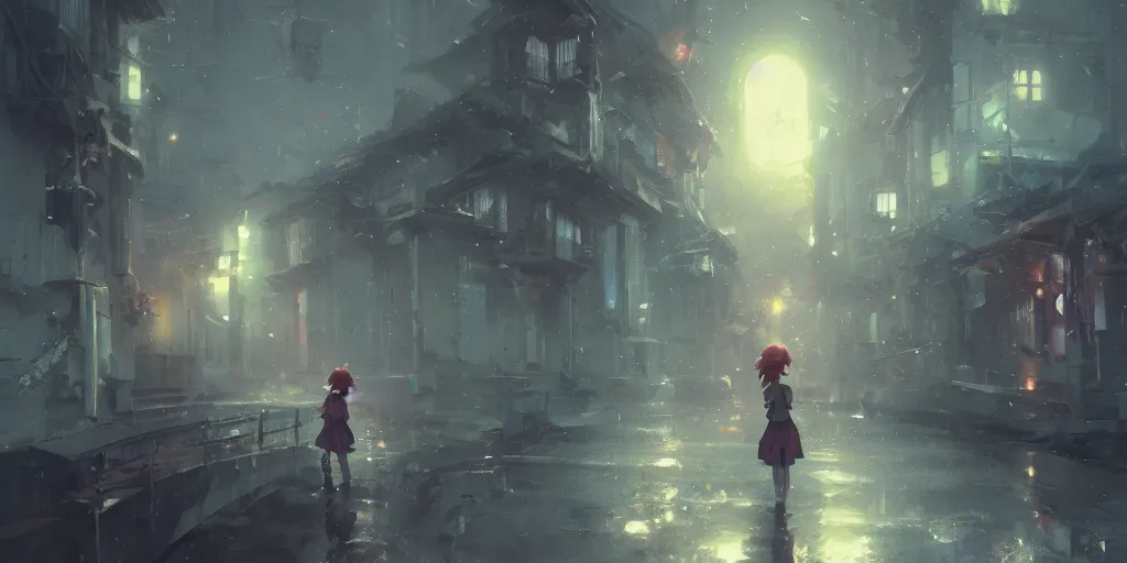 Image similar to anime kyoto animation key by greg rutkowski night