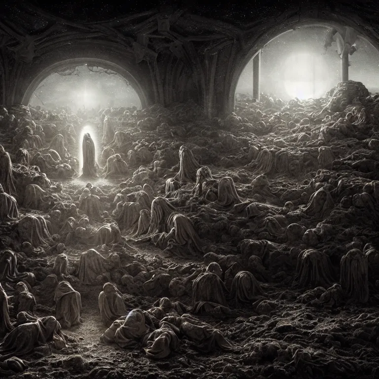 Image similar to ribbed abandoned Nativity of Jesus scene on exoplanet, baroque painting, standing in a desolate empty wasteland, creepy, nightmare, dream-like heavy atmosphere, surreal abandoned buildings, beautiful detailed intricate insanely detailed octane render trending on Artstation, 8K artistic photography, photorealistic, chiaroscuro, Raphael, Caravaggio, Beksinski, Giger