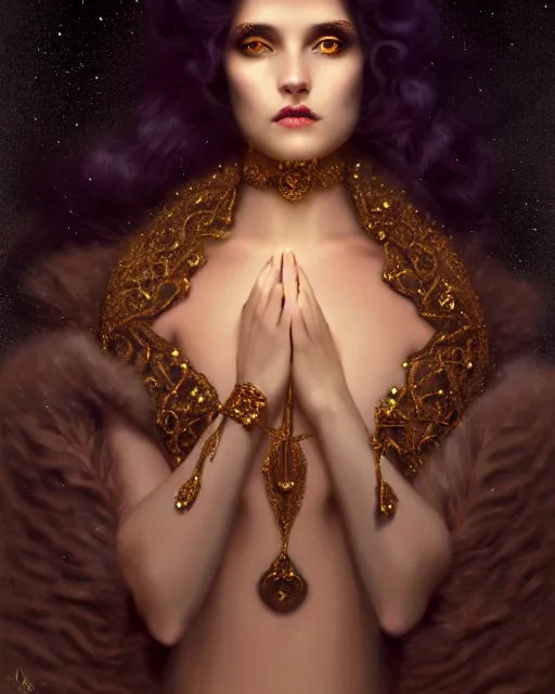 Image similar to Nocturne, glowing, stars, a portrait of a beautiful female shadow djinn creature with long fur collar, highly detailed, mysterious, ethereal, dressed in velvet and gold jewelry, haute couture, illustration, dramatic lighting, soft details, painting, by Edmund Blair Leighton, Brom, Charlie Bowater, trending on artstation, faces by Tom Bagshaw, otto schmidt