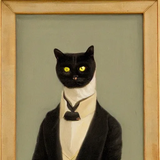 Prompt: a gentleman cat wearing a black jacket and a cap, art station