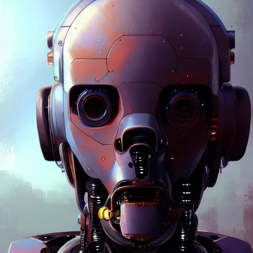 Image similar to detailed character concept art portrait of a detailed and hi - tech diesel punk robot ’ s face, depth of field background, artstation, award - winning realistic sci - fi concept art by greg rutkowski and yoshitaka amano, in the style of james gurney, flat pop color surrealist illustration.