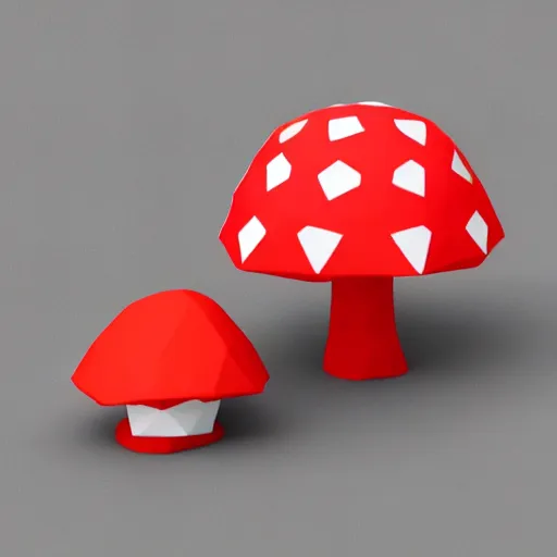 Prompt: Matte 3d low poly icon of a red mushroom, lat lighting, isometric perspective on pure white background, soft shadows, 3d render,