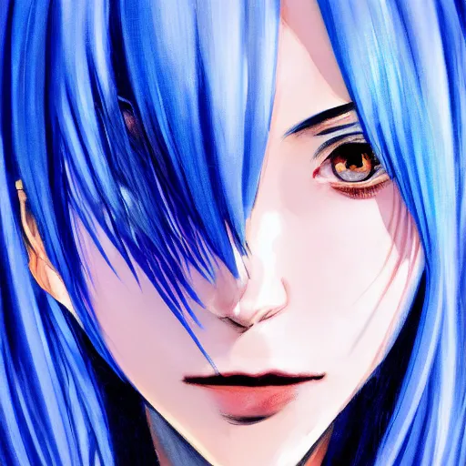 Image similar to full face shot of rimuru tempest, sky blue straight hair, long bangs, with bright amber eyes, wearing a fancy black jacket, high collar, ultra detailed, brush strokes, digital painting, cinematic, wlop artstation, closeup, pixiv, intense, intimidating glare, overpowering, yoshitaka amano, junji ito,