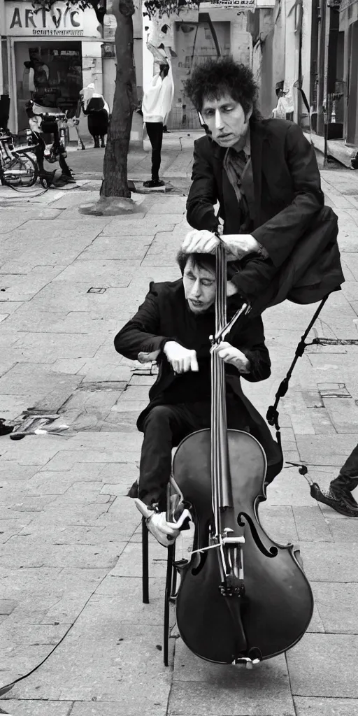 Image similar to Bob Dylan playing a cello on the streets, Karlkka, Jayison Devadas, Phuoc Quan, trending on Artstation, 8K, ultra wide angle, pincushion lens effect