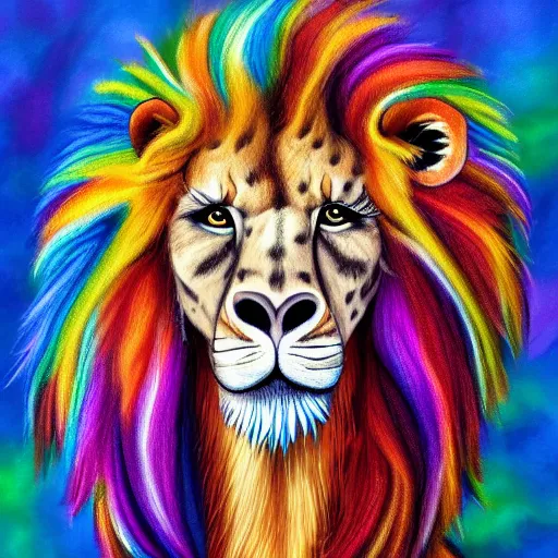 Image similar to cute fluffy giraffe with long colorful flowing lion mane with mohawk hairstyle hybrid animal detailed painting 4 k