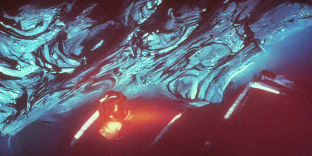 Image similar to color film still, a large wall with the sea painted on it. floor, ceiling with fluorescent lights ; alien 2 ( 1 9 8 6 )