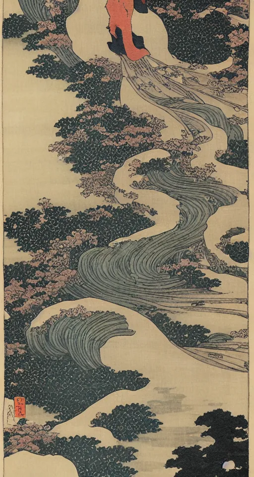 Prompt: hokusai, path of steps leading up to a temple, studio ghibi, japanese style, dreamy, layered, soft, black ink