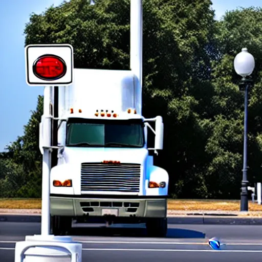 Image similar to truck dangling from atop a street light pole