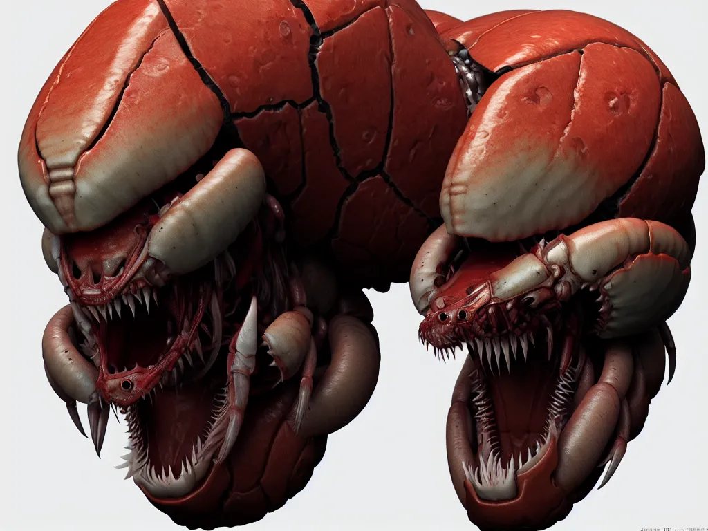 Image similar to doom, crustacean, isopod, muscular body, chiroptera head, chiroptera ears, big sharp teeth, hyperrealism, artstation, cgsociety, zbrush, no background