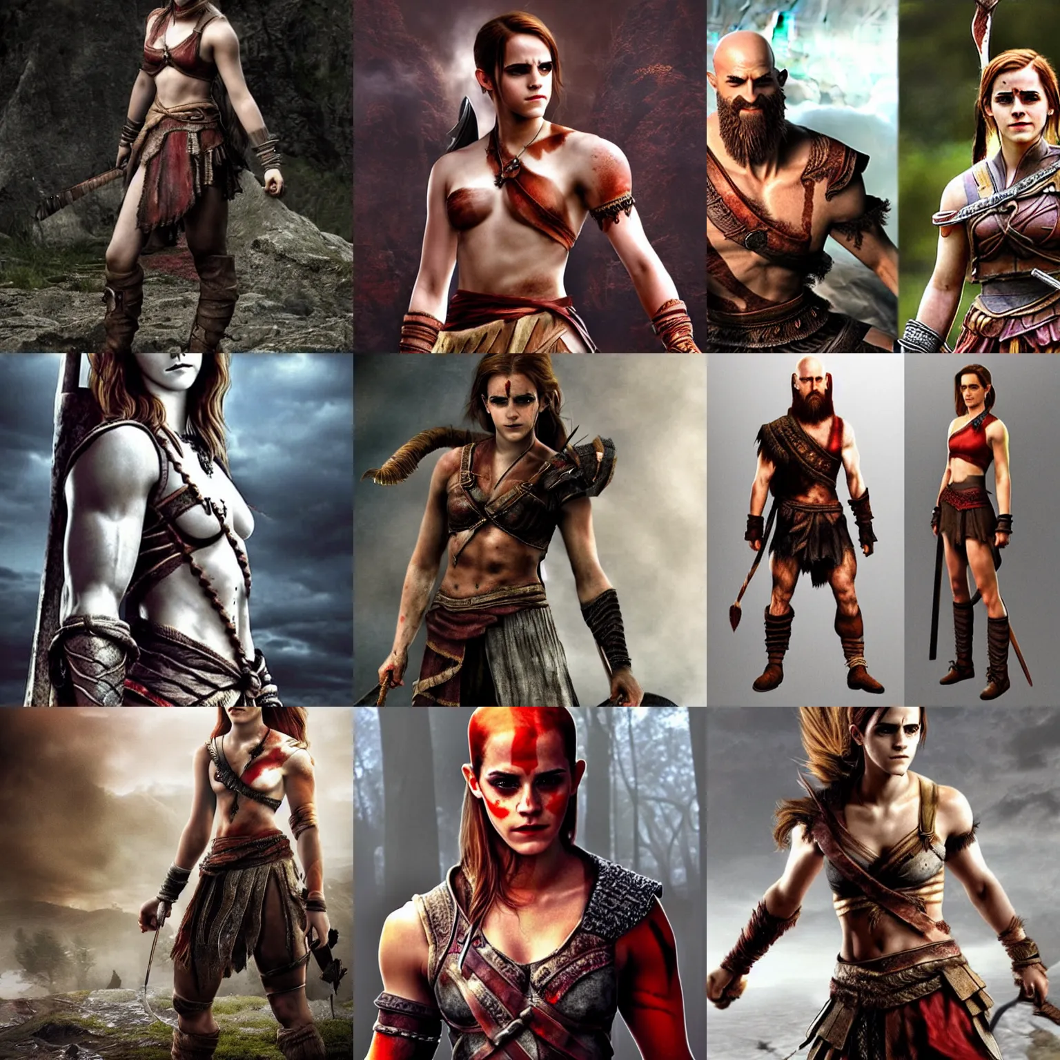 Image similar to Emma Watson as Kratos, brutal, detailed realistic, photorealistic, full body