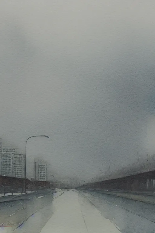 Prompt: A watercolor depicting an empty Shanghai Xujiahui, gloomy weather, high contrast, smooth, by Joseph Zbikowicz, 8k