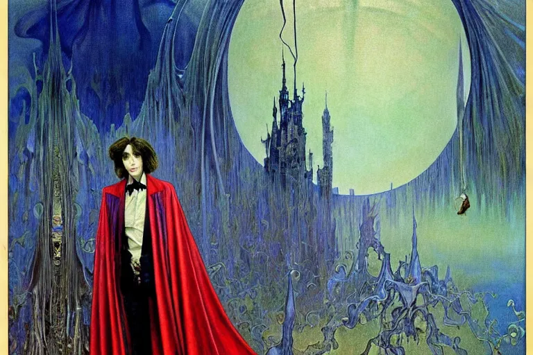 Image similar to realistic extremely detailed portrait painting of an elegantly creepy vampire man in a cape, futuristic sci-fi castle on background by Jean Delville, Amano, Yves Tanguy, Alphonse Mucha, Ernst Haeckel, Edward Robert Hughes, Roger Dean, rich moody colours, blue eyes