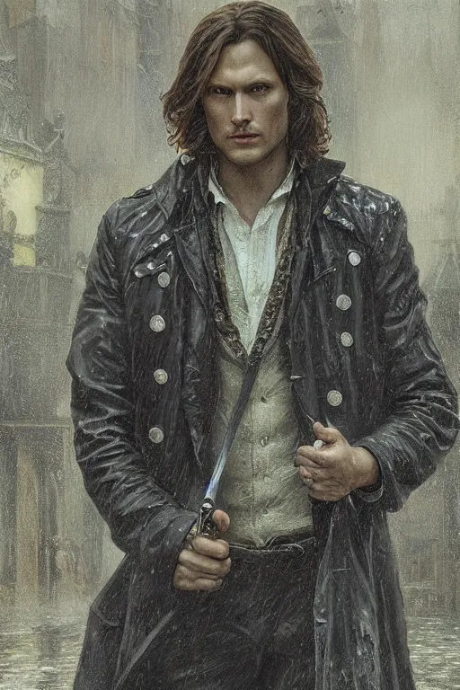 Image similar to a detailed matte portrait of sam winchester in a supernatural sherlock holmes story, 1 8 th century london in the rain, city streets, ominous, masterpiece, 8 k, art by alphonse mucha and greg rutkowski