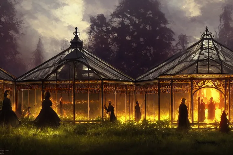 Prompt: an ornate victorian greenhouse, dark satanic ritual in front, scene in an open field. 1 8 9 0, key visual, conceptart, ambient lighting, highly detailed, digital painting, artstation, concept art, sharp focus, by makoto shinkai and akihiko yoshida and greg manchess