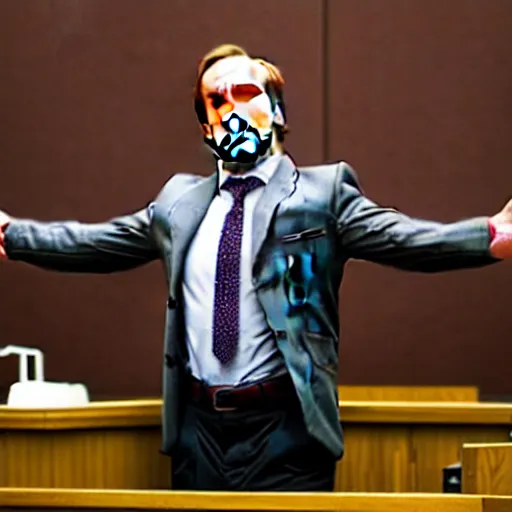 Image similar to saul goodman doing t - pose in courtroom to intimidate prosector