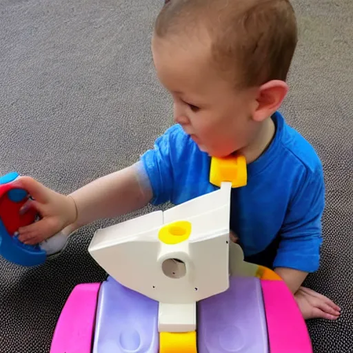 Prompt: a kid plays with his Fisher Price guillotine