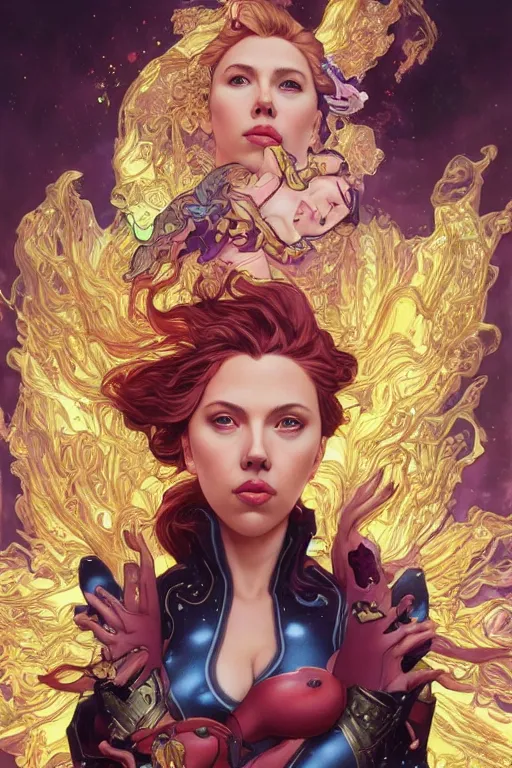 Image similar to celestial anthropomorphic puppy scarlett johansson, by artgerm and yoshitaka amano and moebius and alphonse mucha, hyperdetailed, dc comics, ornate, nebula, explosions in the sky, trending on artstation