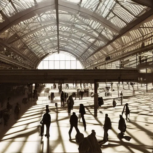 Prompt: an cavernous and expansive train terminal, sun rays coming in through windows, smoky and dusty air, people in a train station, photograph by hal morey, featured on cg society, light and space, volumetric lighting, matte drawing, global illumination