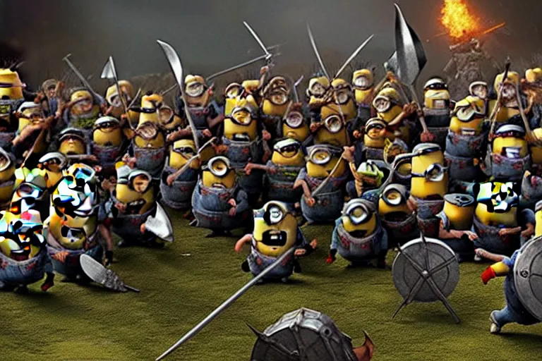 Image similar to diorama of minions fighting orcs in the battle of helm's deep, giant castle walls, realistic, 4 k, detailed