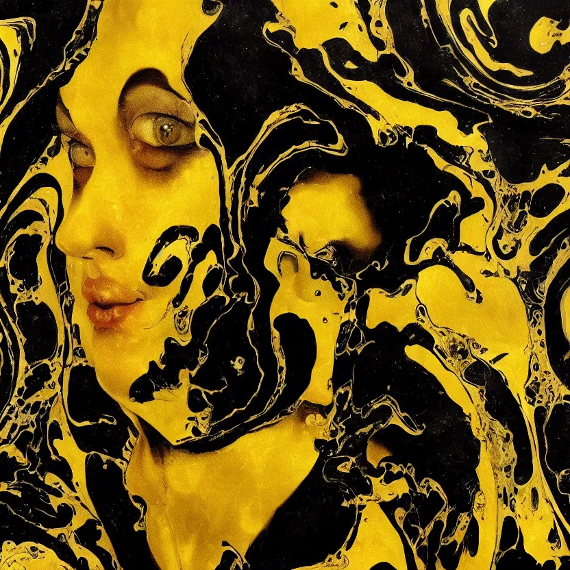 Prompt: a dark baroque close - up portrait of a yellow and black porcelain being made out of white liquid sci - fi vitrified translucent ceramic marble ; china. reflective detailed textures. gloomy black background. highly detailed fantasy science fiction painting by moebius, norman rockwell, frank frazetta, and syd mead. rich colors, high contrast. artstation