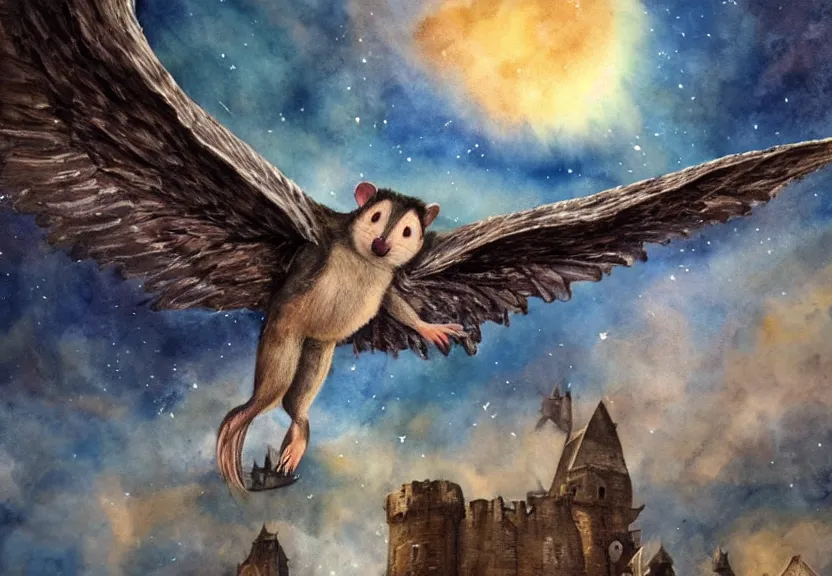 Prompt: legendary winged possum flying over a medieval castle under a dark starred sky, dark fantasy, watercolor, dreaming illusion, highly detailed, 4k, trending on Artstation, award-winning