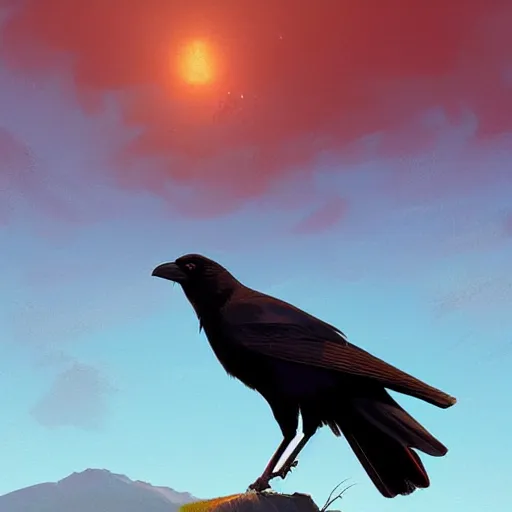 Prompt: a wholesome animation key shot of a crow on a hill, very coherent art, portrait shot, studio ghibli, pixar and disney animation, sharp, anime key art by greg rutkowski, bloom, dramatic lighting