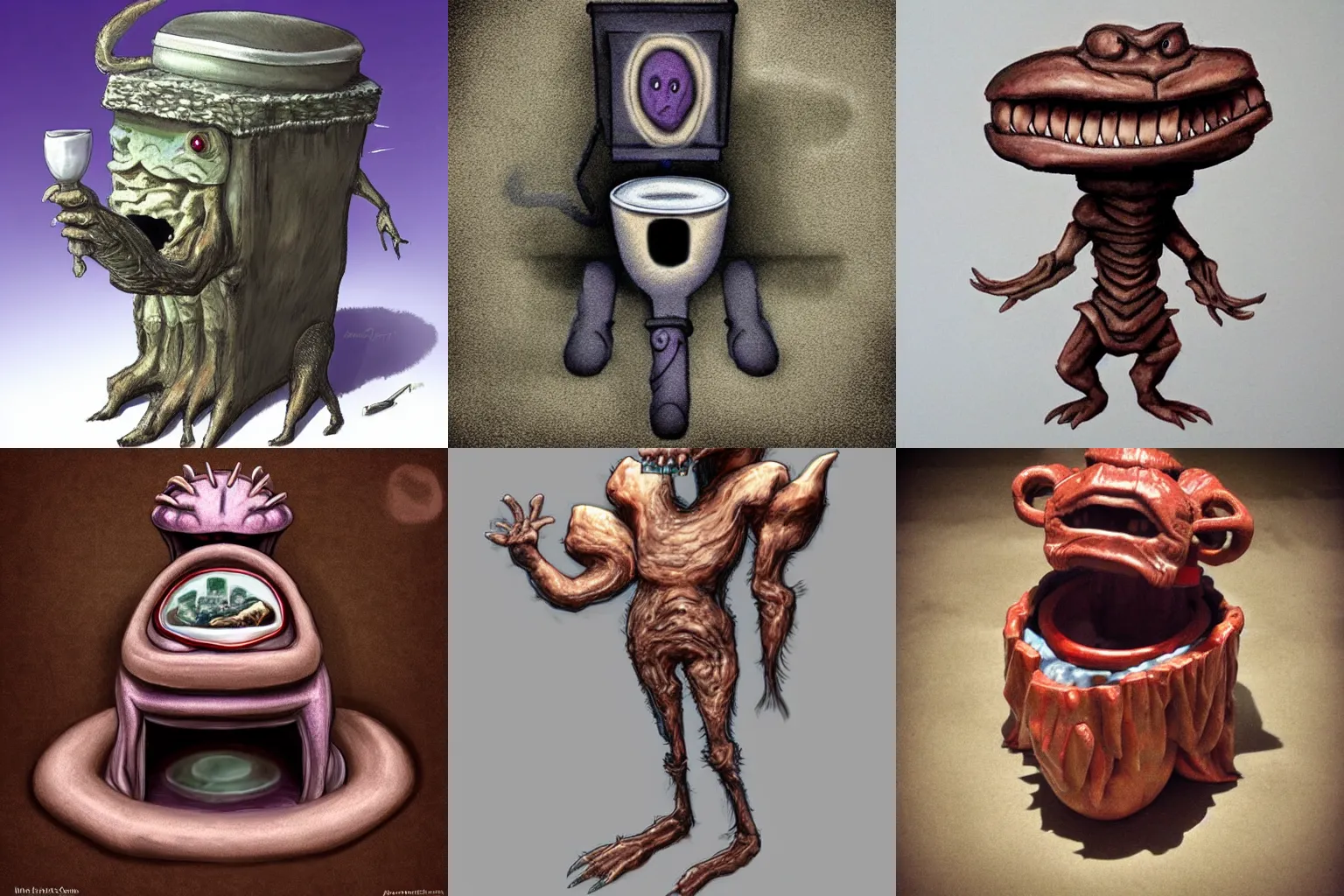 Prompt: a fantasy toilet creature. a living toilet mimic. artstatiin