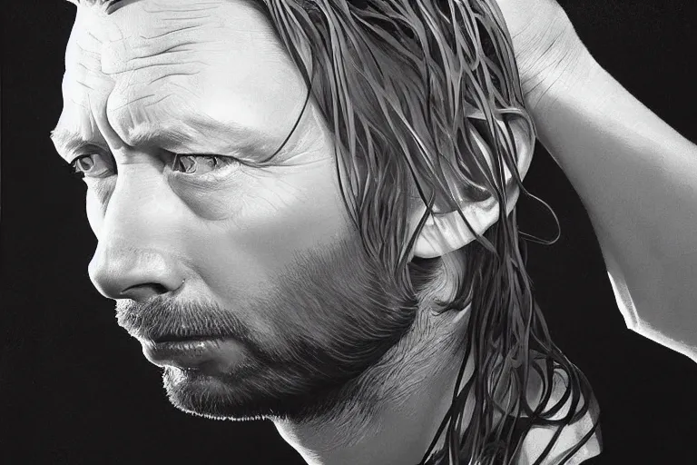 Image similar to hyper realistic portrait of rounder faced thom yorke, bigger nose, bigger chin, sideview, on a stage, by lee bermejo, alphonse mucha and greg rutkowski