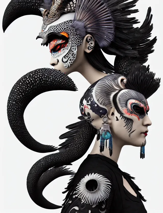 Image similar to 3 d goddess close - up profile portrait punk with mohawk with ram skull. beautiful intricately detailed japanese crow kitsune mask and clasical japanese kimono. betta fish, jellyfish phoenix, bio luminescent, plasma, ice, water, wind, creature, artwork by tooth wu and wlop and beeple and greg rutkowski