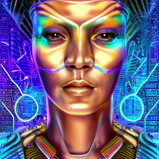 Image similar to a hyper realistic wide angle view of an Ancient Egyptian cyberpunk goddess, by Alex Grey, dark rainbow, fractalism, motherboard circuitry, surrealism, high definition, photorealism, bokeh