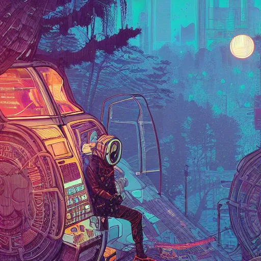 Image similar to Stunningly intricate illustration of single cyberpunk explorer overlooking lush forest, highly detailed, midnight, small glowing orbs by Josan Gonzalez and James Gilleard , Moebius, Laurie Greasley