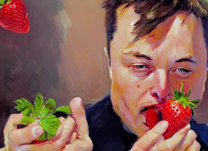 Image similar to a highly detailed beautiful portrait of elon musk eating strawberry by gregory manchess, james gurney, james jean