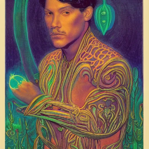 Image similar to bioluminescent prince, by annie swynnerton and leo and diane dillon and adolf wolfli and ( diego rivera ), elaborate costume, flowers, iridescent beetles, rich color, dramatic cinematic lighting, smooth, sharp focus, extremely detailed