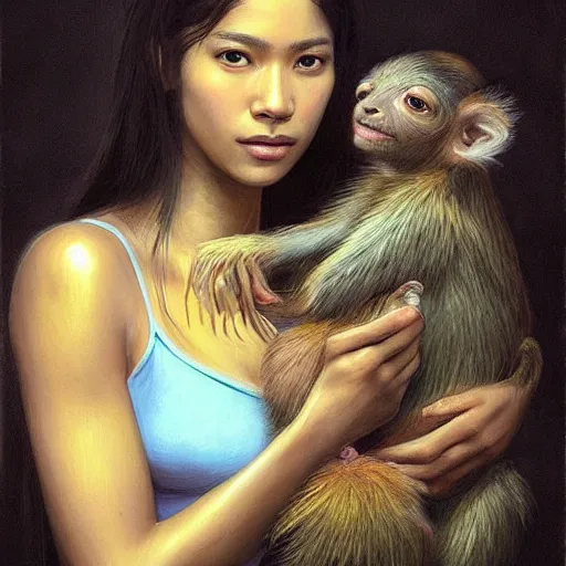 Prompt: a ultradetailed beautiful painting of ( ( ( ( a latina brazilian venezuelan young woman holding several small monkeys in the amazonas ) ) ) ) by cheng hsiao - ron, ngai victo, by wlop and dougherty patrick, trending on artstation