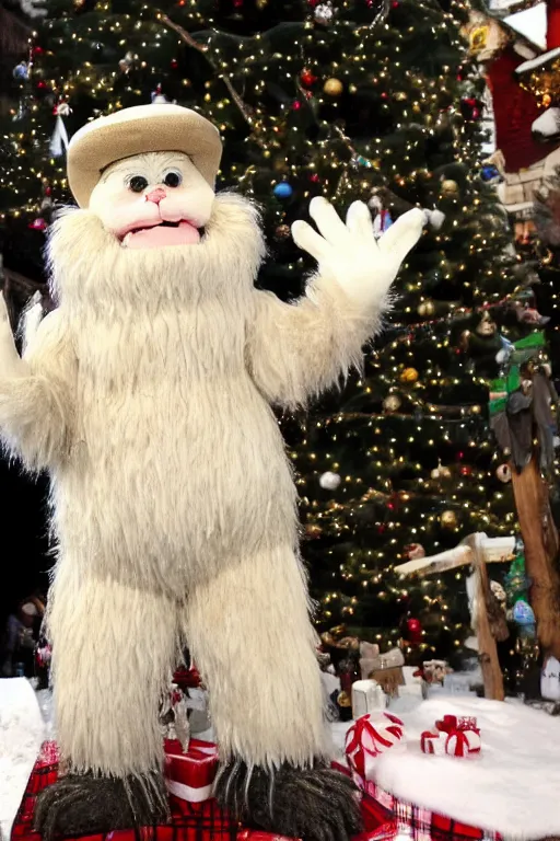 Prompt: a very cute, cream colored and very furry yeti wearing lederhosen singing carols in a German Christmas market, very detailed