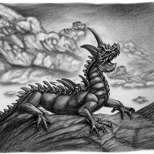 Image similar to welsh dragon above a castle on a hill, pencil work