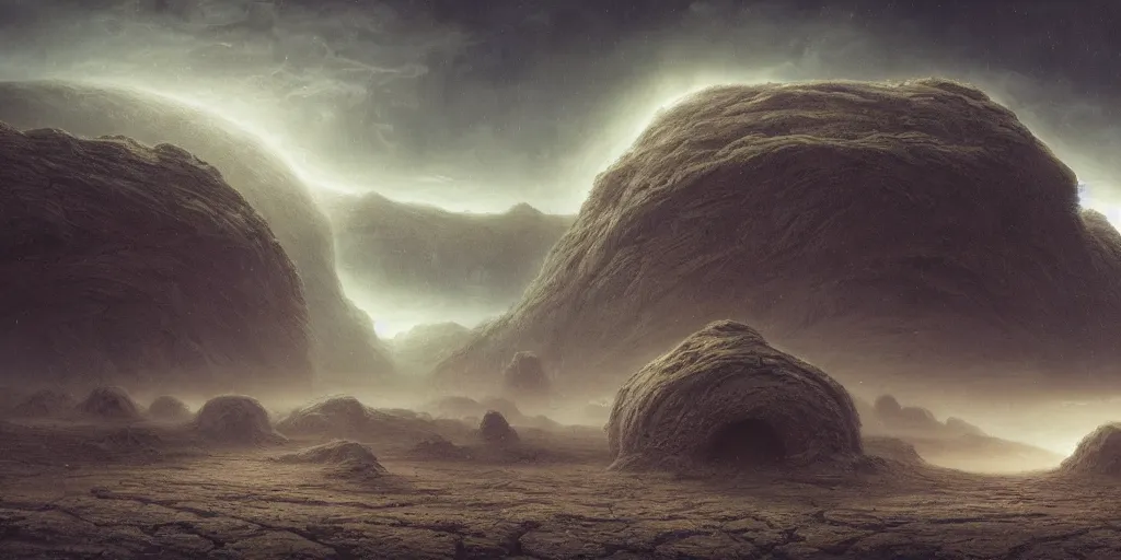 Prompt: Alien landscape, Les Edwards, Zdzislaw Beksinski, Carl Gustav Carus, John Harris, Michal Karcz, Zhang Kechun, Mikko Lagerstedt, Scott Listfield, Steven Outram, Jessica Rossier