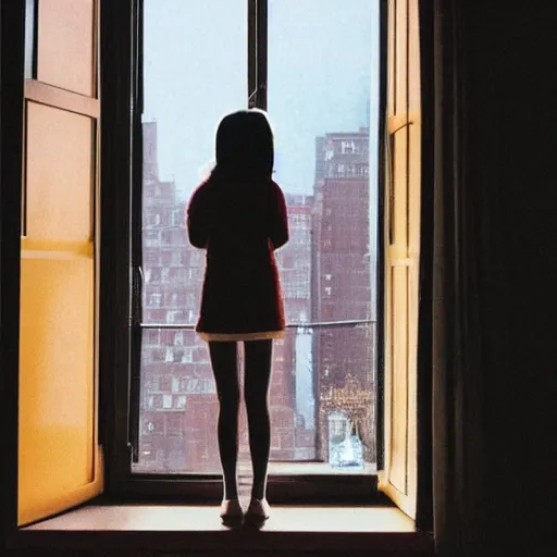 Image similar to “ a girl holding a cup of coffee looking out a window overlooking the east village in new york city, morning light, by hayao miyazaki ”