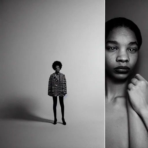 Prompt: realistic photoshooting for a new acne studio lookbook, color film photography, close up, frog perspective, photo of a woman, photo in style of tyler mitchell, 3 5 mm,