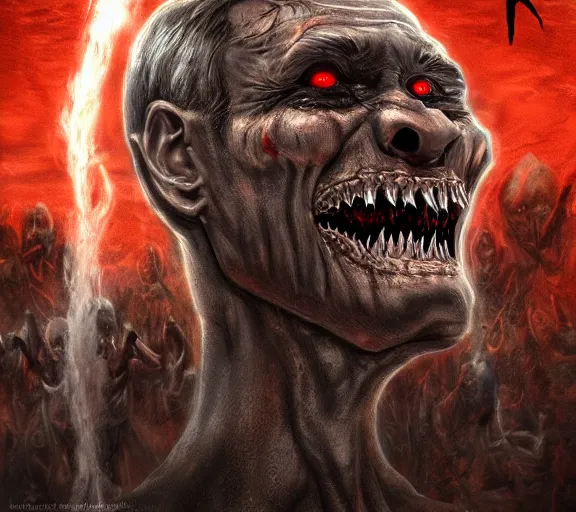Prompt: a scary monster in hell as vladimir putin, highly detailed, realistic face, amazing digital art, trending on artstation