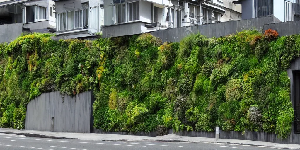 Prompt: a street in wellington, new zealand where the building walls are covered in living walls made of nz endemic plants. google street view