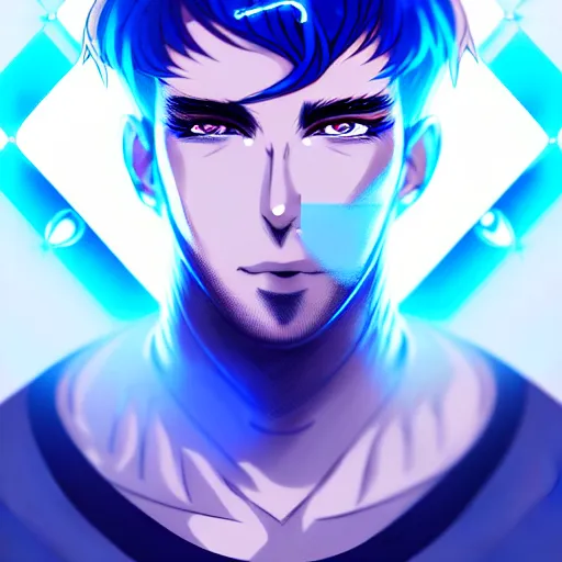 Image similar to a highly detailed portrait of a man with navy blue hair and blue glowing eyes, summoning blue transparent cubes, high detail clothing, concept art, anime, artstation, professional